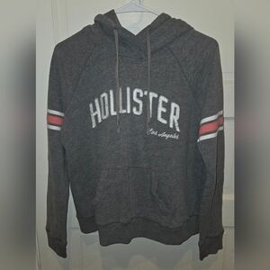 Hollister Womens Gray Light-weight Hoodie with Pink & White Stripes. Size L.